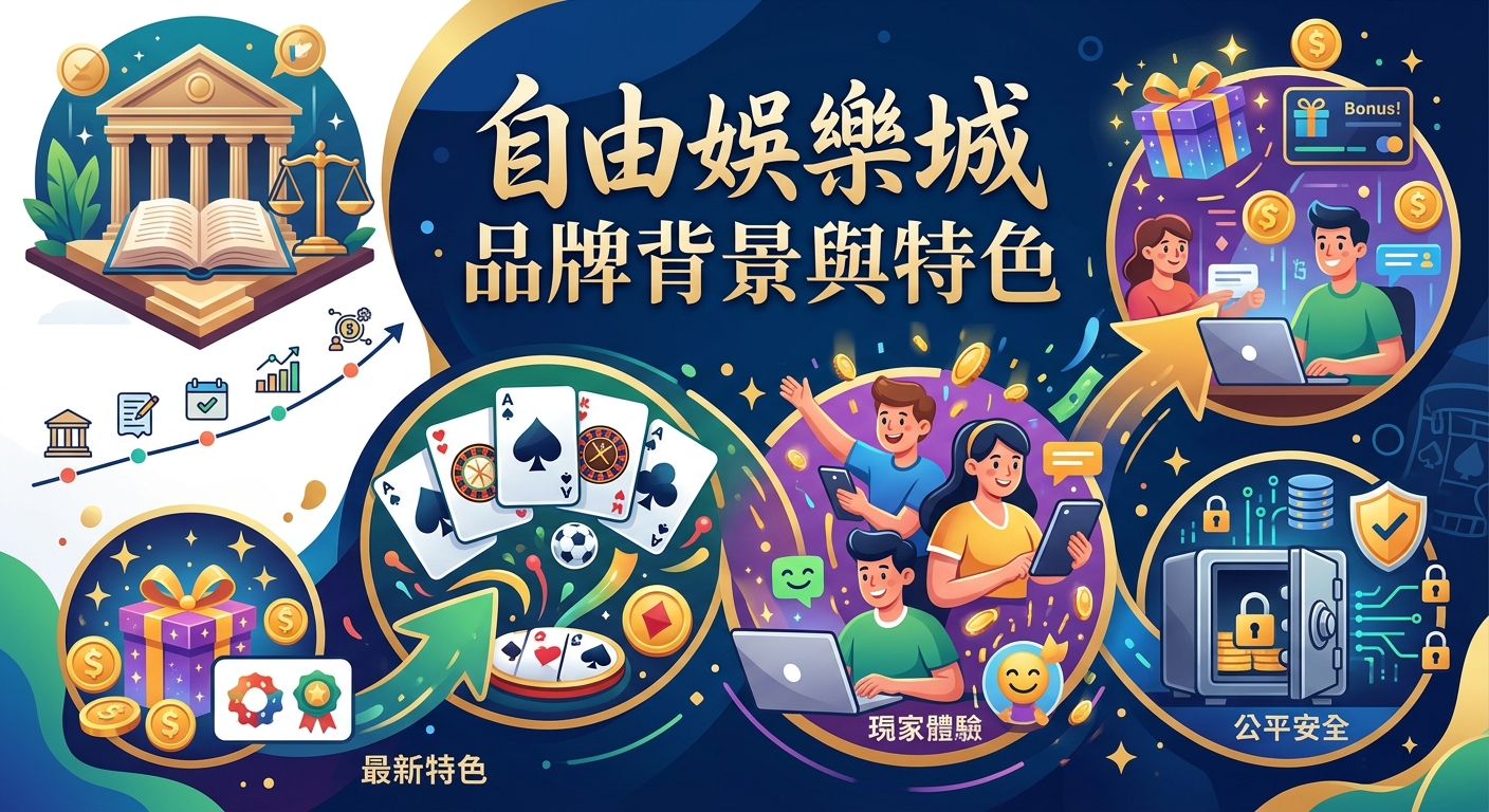 這張圖片採用現代插畫風格,展示了「自由娛樂城」的品牌背景與特色。 畫面結合了品牌名稱標題、多樣化的娛樂遊戲元素以及象徵安全與優質體驗的視覺圖示。