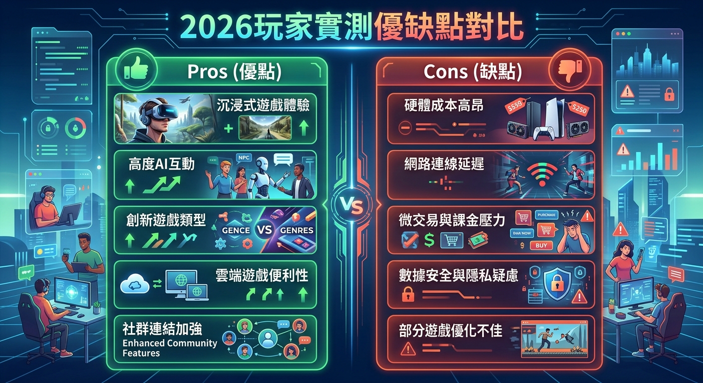 這張圖片呈現科技感十足的「VS」優缺點對比圖解,左側以綠色框標示各項優勢,右側以紅色框列出缺點與挑戰。 頂部亮藍色螢光的「2026玩家實測優缺點對比」標題顯眼突出,整體結合現代玩家與遊戲介面元素,視覺清晰且具未來感。